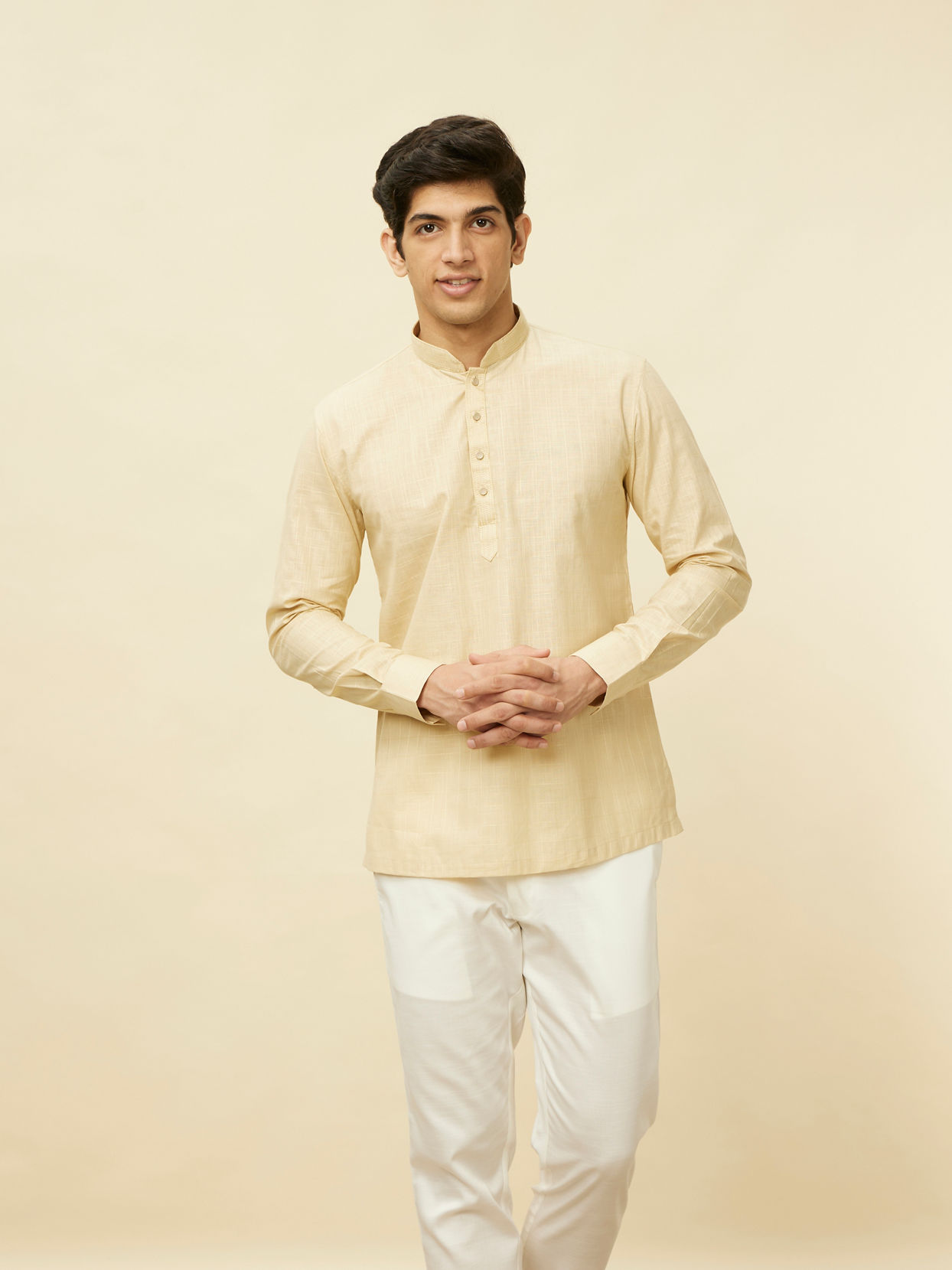 alt message - Manyavar Men Sand Beige Square Grid Patterned Short Kurta image number 0