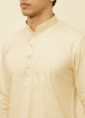 alt message - Manyavar Men Sand Beige Square Grid Patterned Short Kurta image number 1