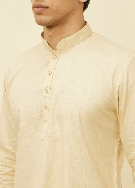 Manyavar Men Sand Beige Square Grid Patterned Short Kurta