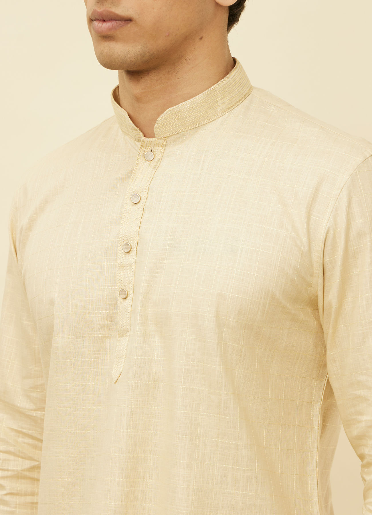 Manyavar Men Sand Beige Square Grid Patterned Short Kurta