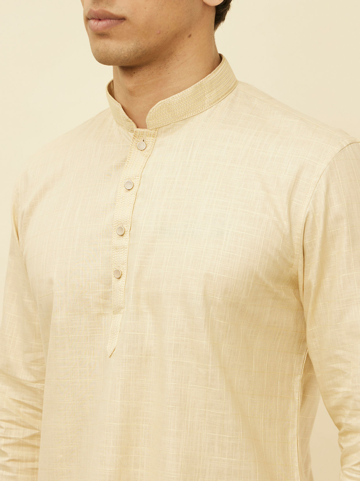 alt message - Manyavar Men Sand Beige Square Grid Patterned Short Kurta image number 1