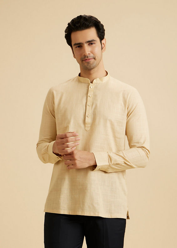 Manyavar Men Sand Beige Square Grid Patterned Short Kurta