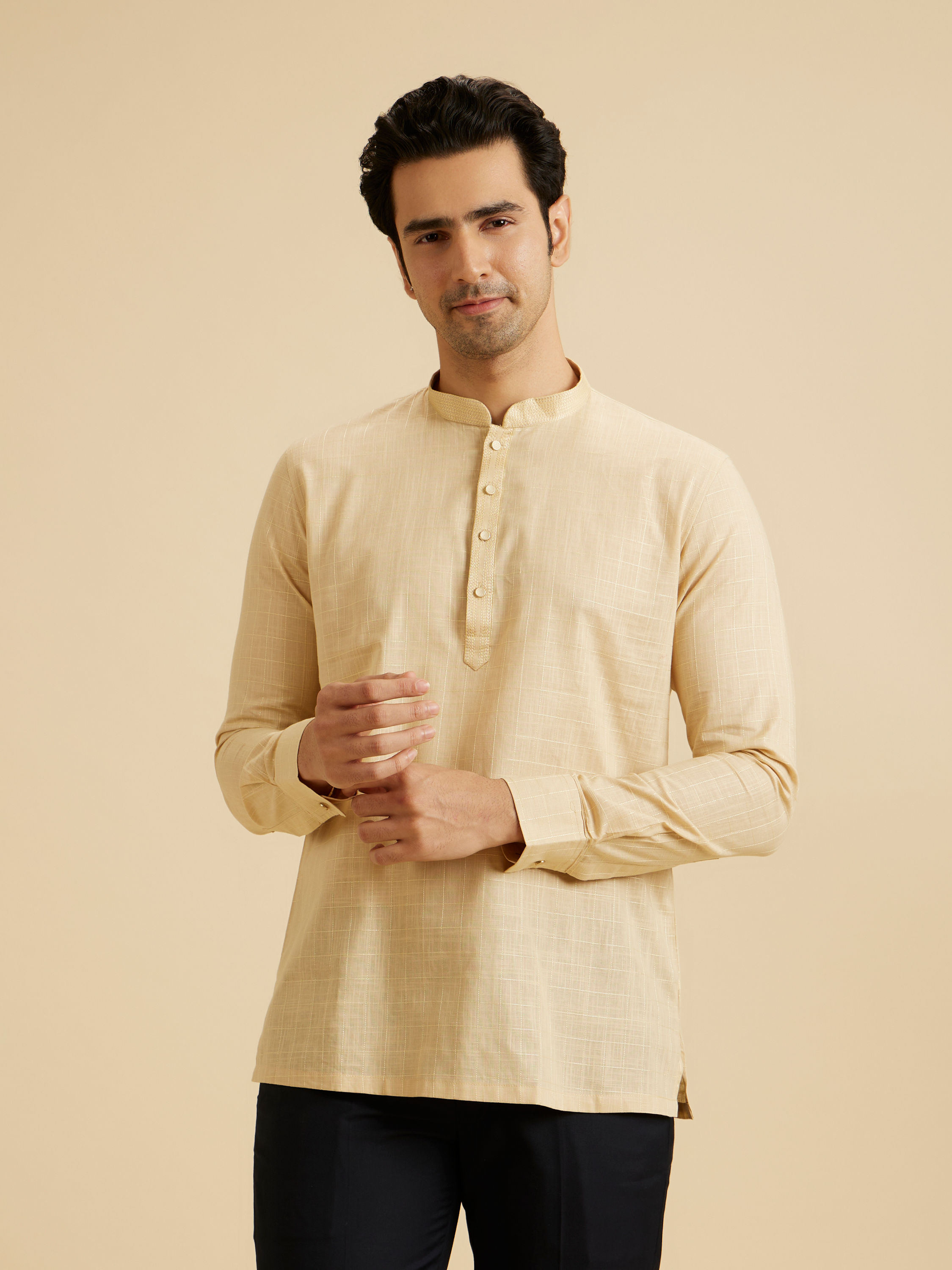 Manyavar Men Sand Beige Square Grid Patterned Short Kurta