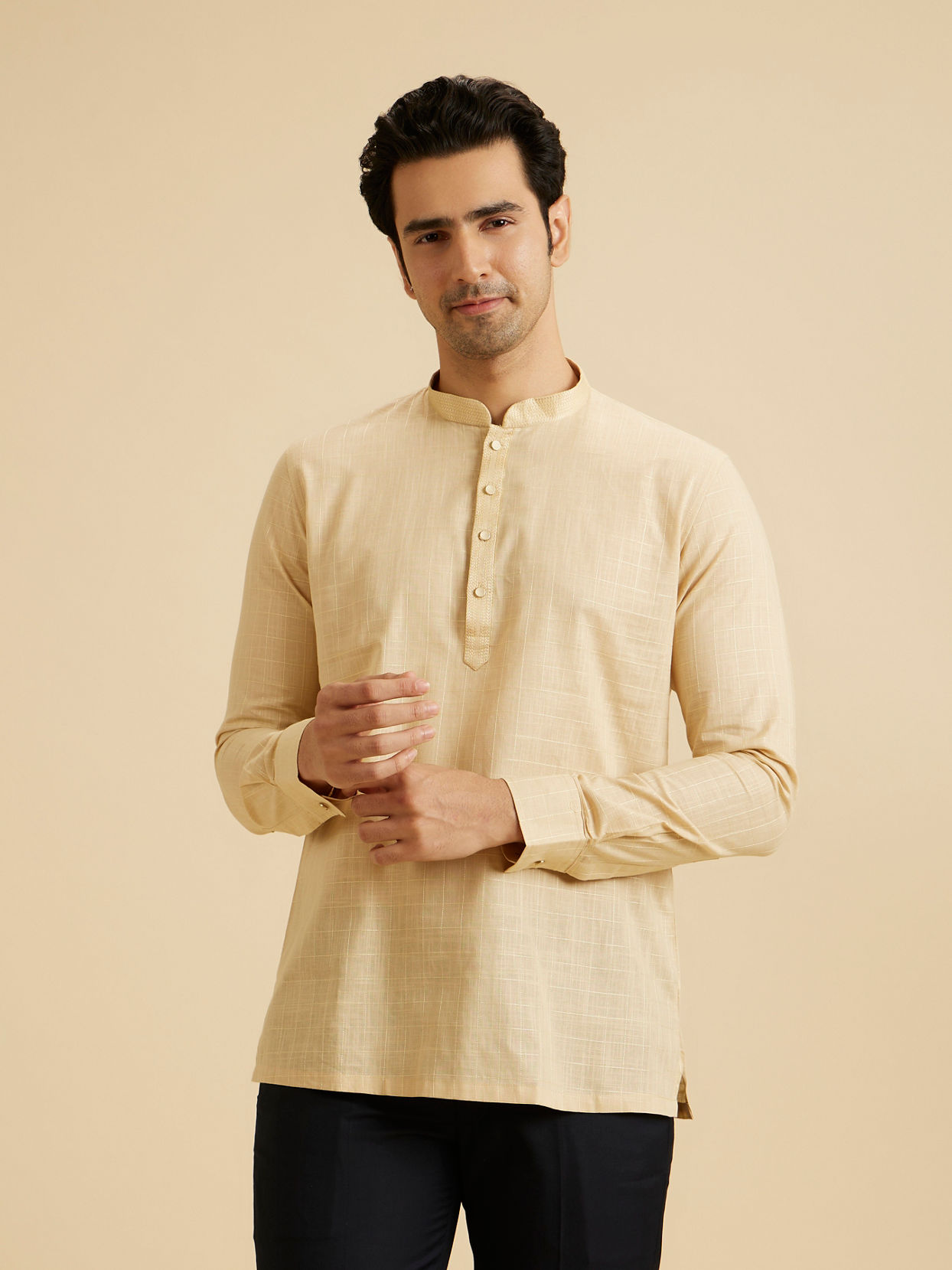 Manyavar Men Sand Beige Square Grid Patterned Short Kurta