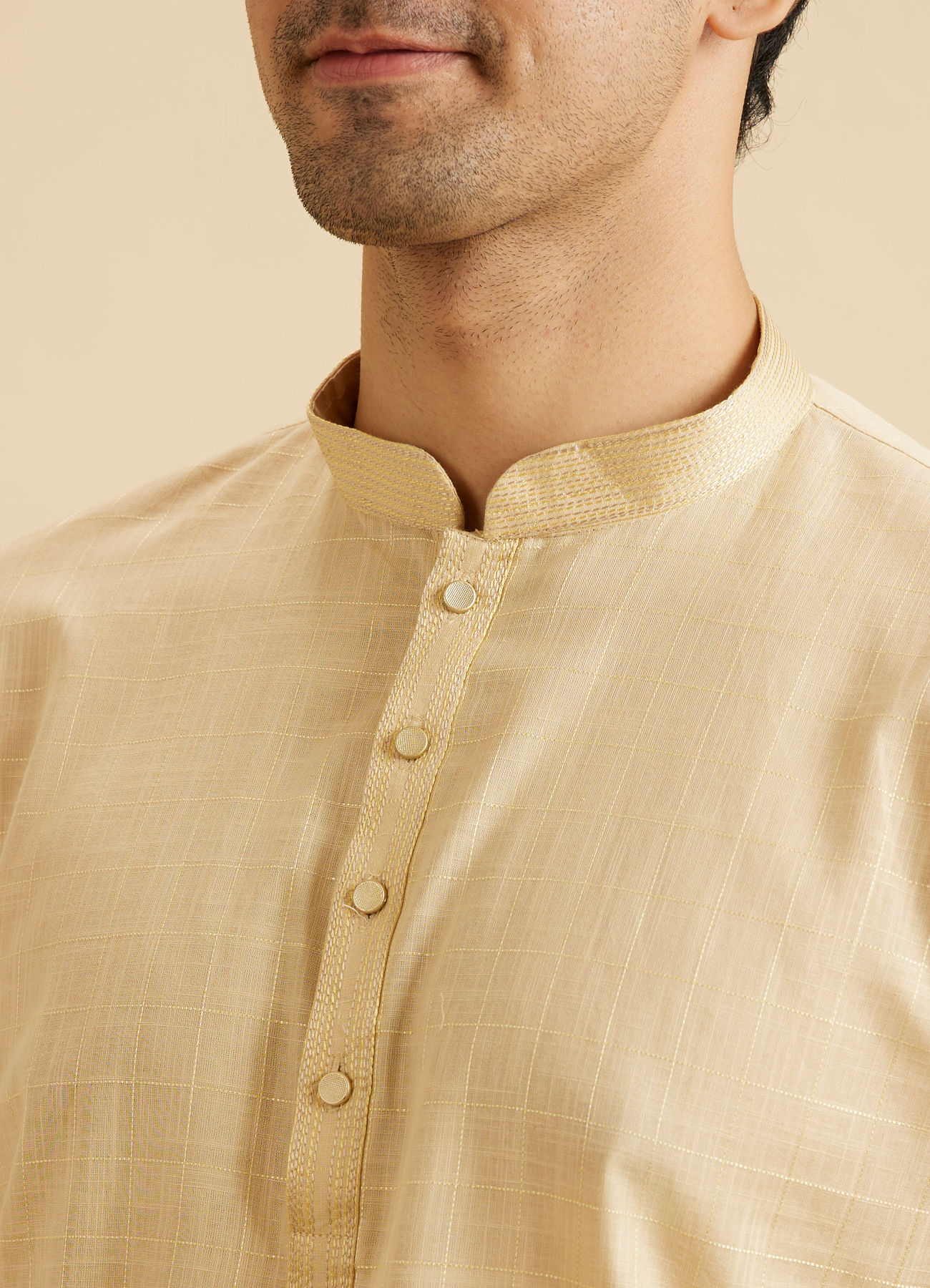 Manyavar Men Sand Beige Square Grid Patterned Short Kurta