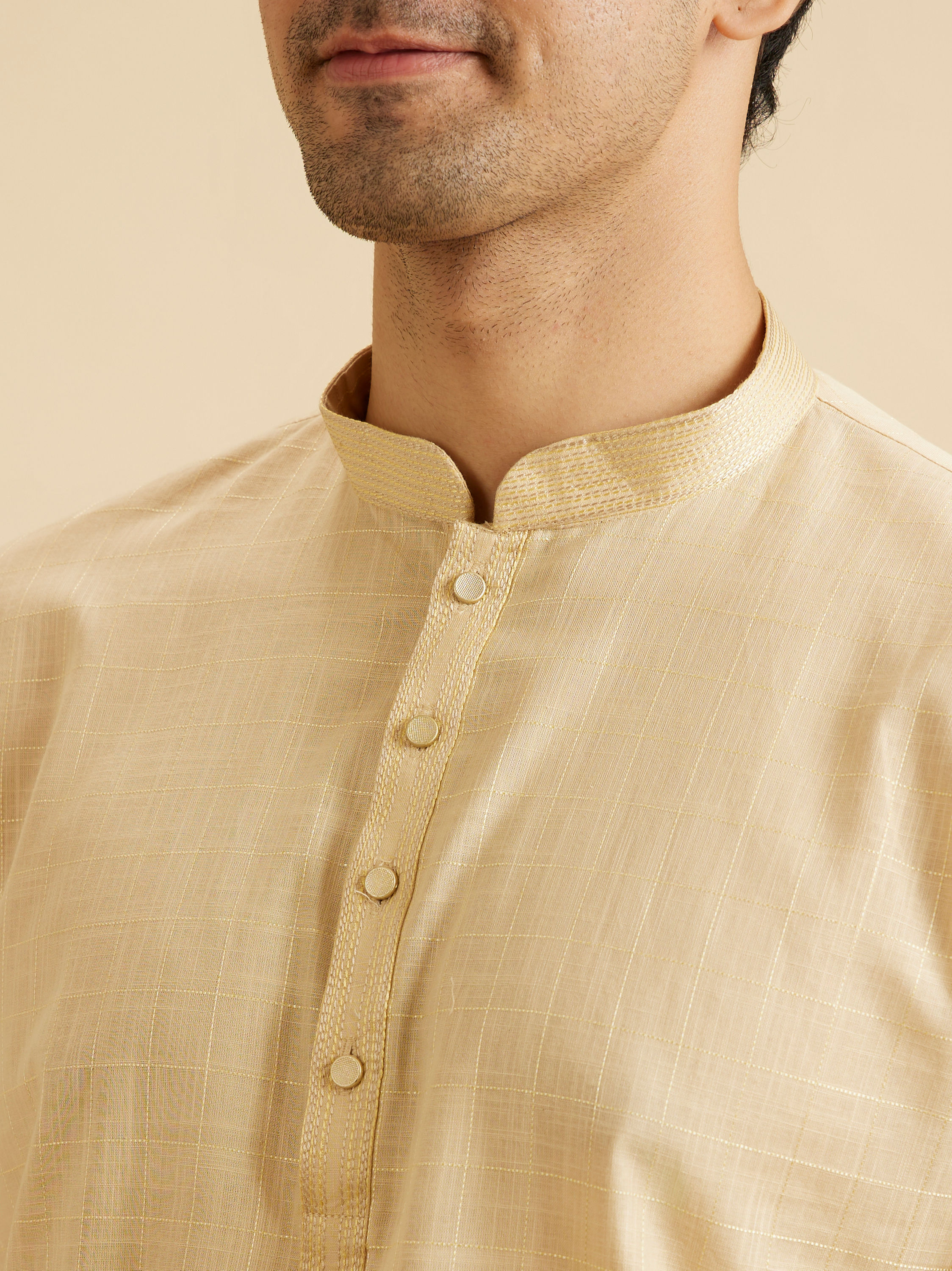 Manyavar Men Sand Beige Square Grid Patterned Short Kurta