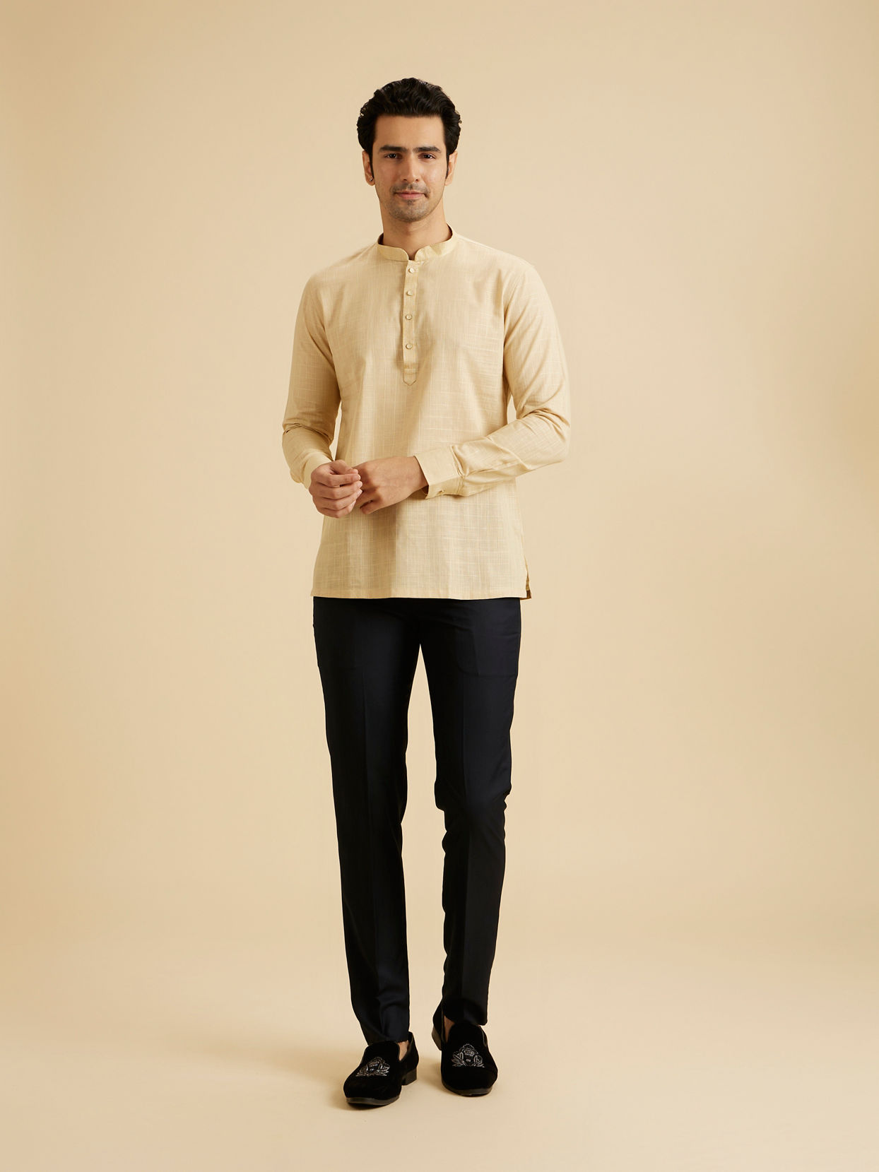 Manyavar Men Sand Beige Square Grid Patterned Short Kurta