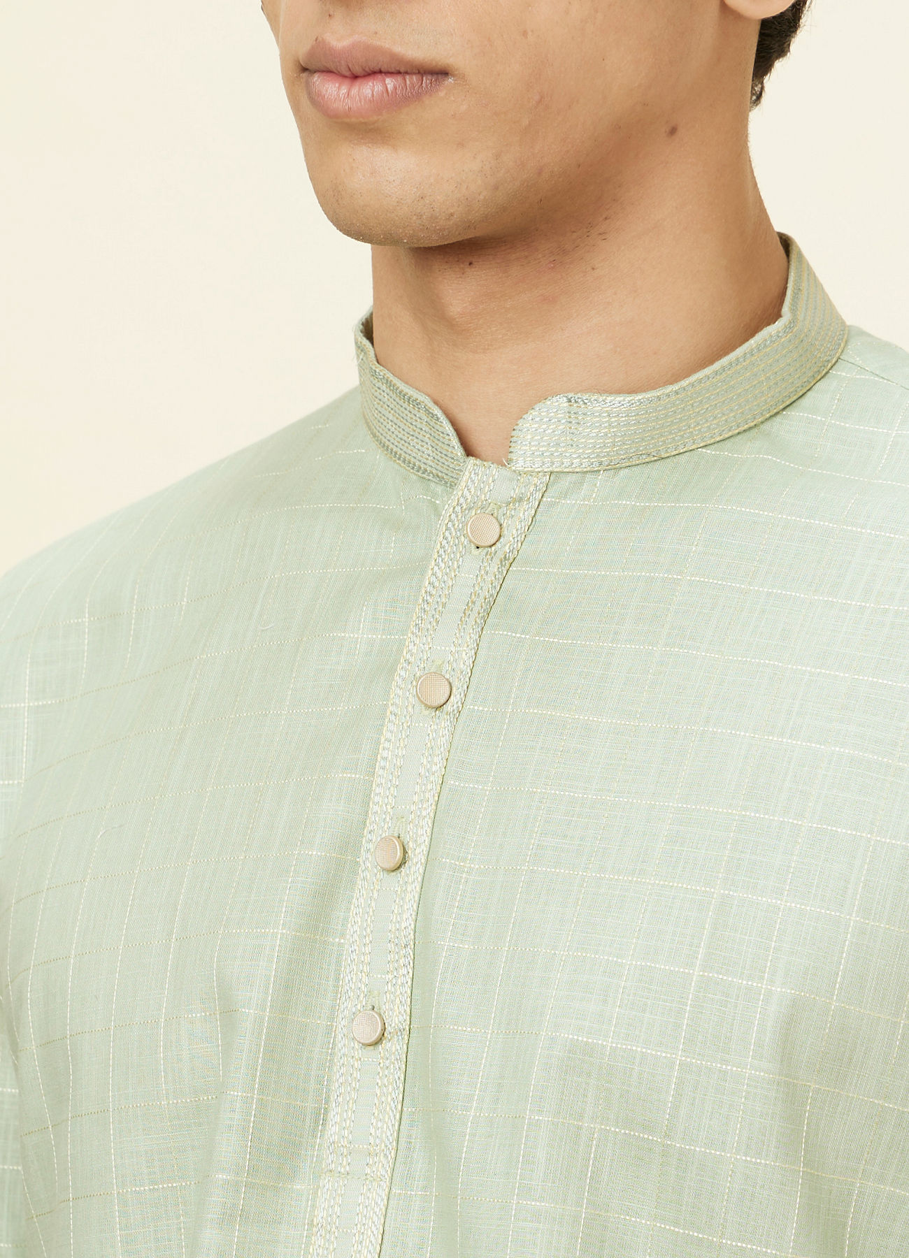 Manyavar Men Tea Green Windowpane Checkered Short Kurta