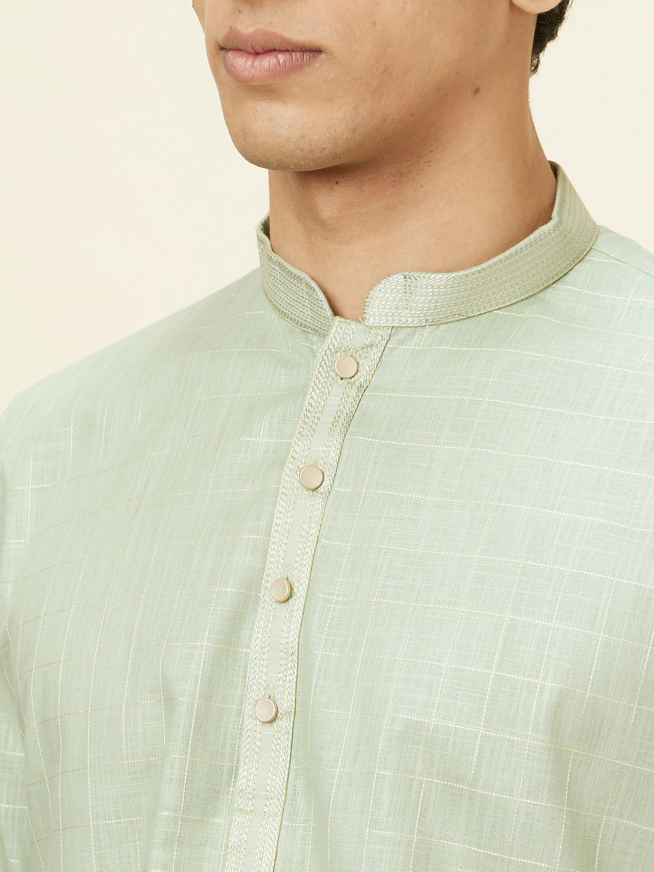 Manyavar Men Tea Green Windowpane Checkered Short Kurta