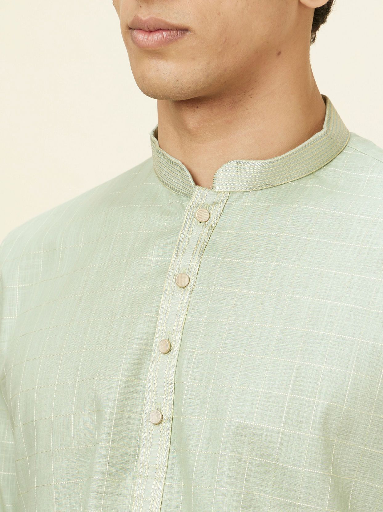 alt message - Manyavar Men Tea Green Windowpane Checkered Short Kurta image number 0