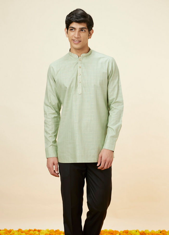 Manyavar Men Tea Green Windowpane Checkered Short Kurta