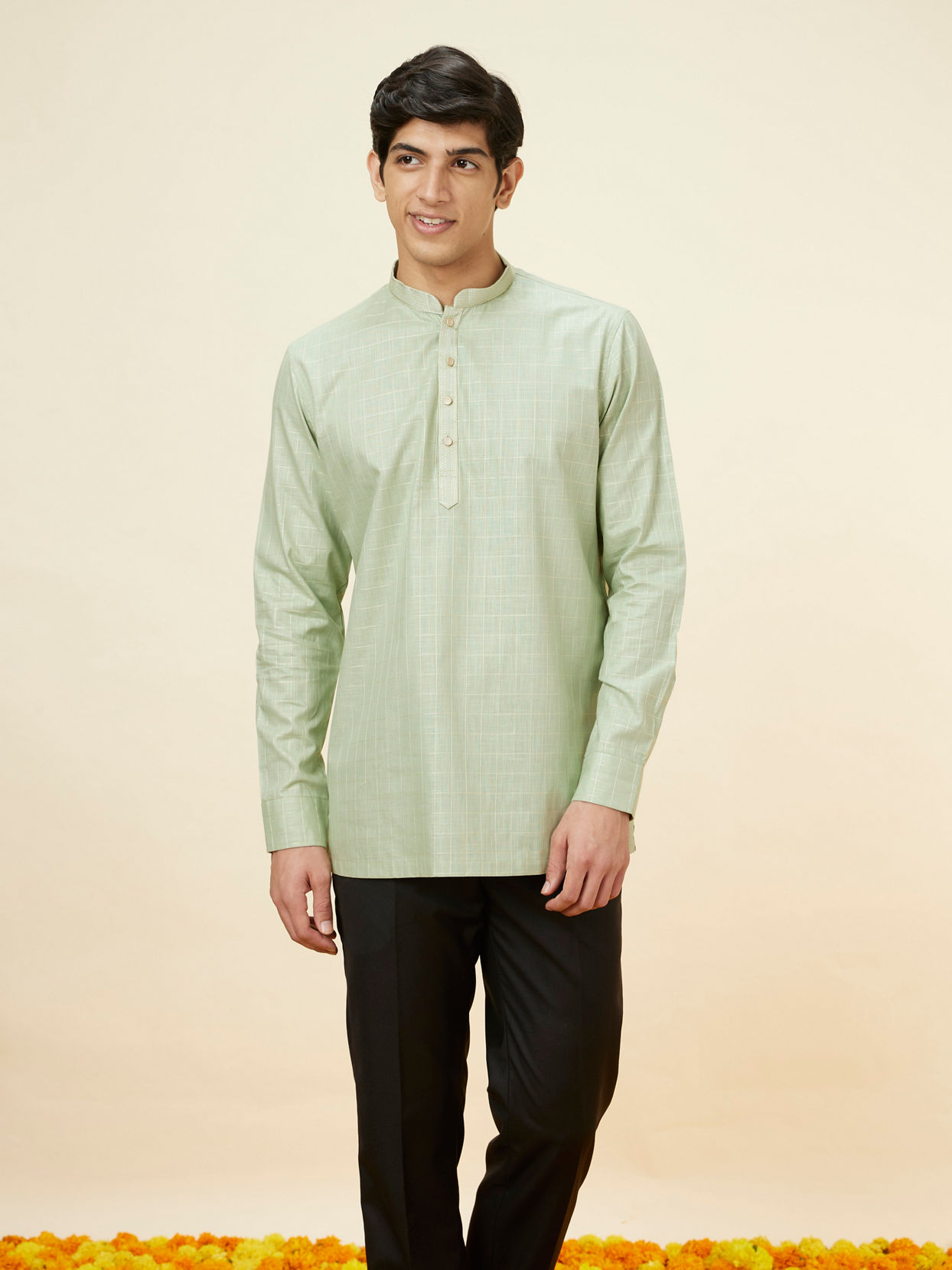 alt message - Manyavar Men Tea Green Windowpane Checkered Short Kurta image number 1