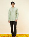 Manyavar Men Tea Green Windowpane Checkered Short Kurta