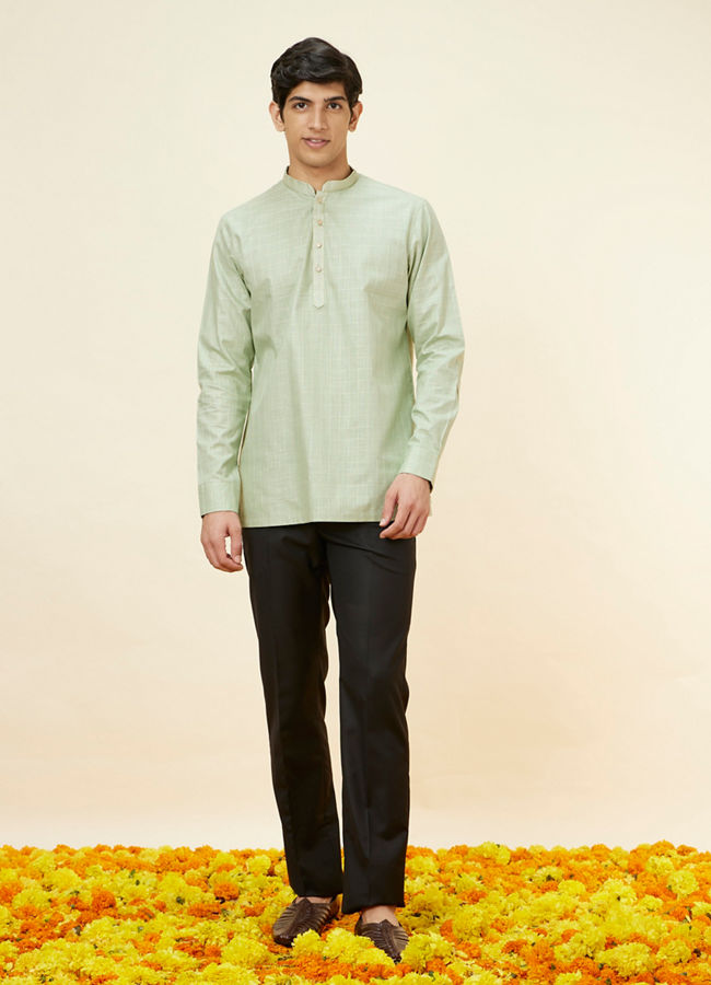 alt message - Manyavar Men Tea Green Windowpane Checkered Short Kurta image number 2