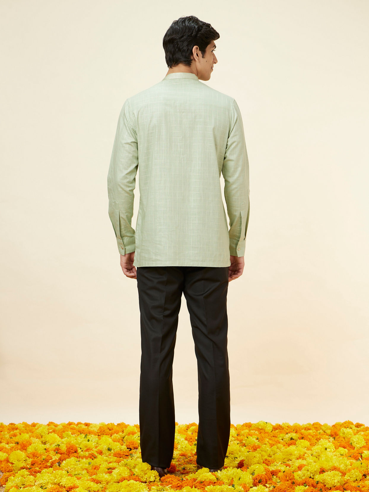 Manyavar Men Tea Green Windowpane Checkered Short Kurta