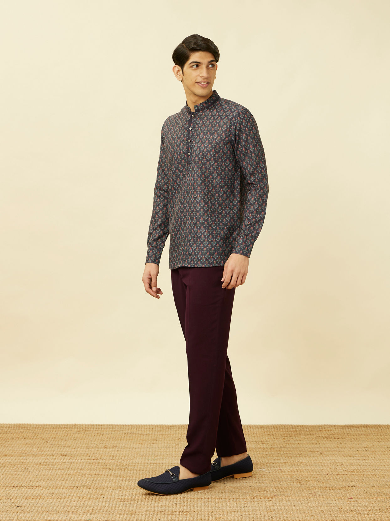 Manyavar Men Deep Blue Floral Buta Printed Short Kurta