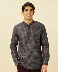 Manyavar Men Deep Blue Floral Buta Printed Short Kurta