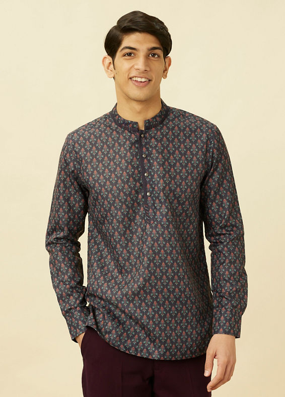 Manyavar Men Deep Blue Floral Buta Printed Short Kurta