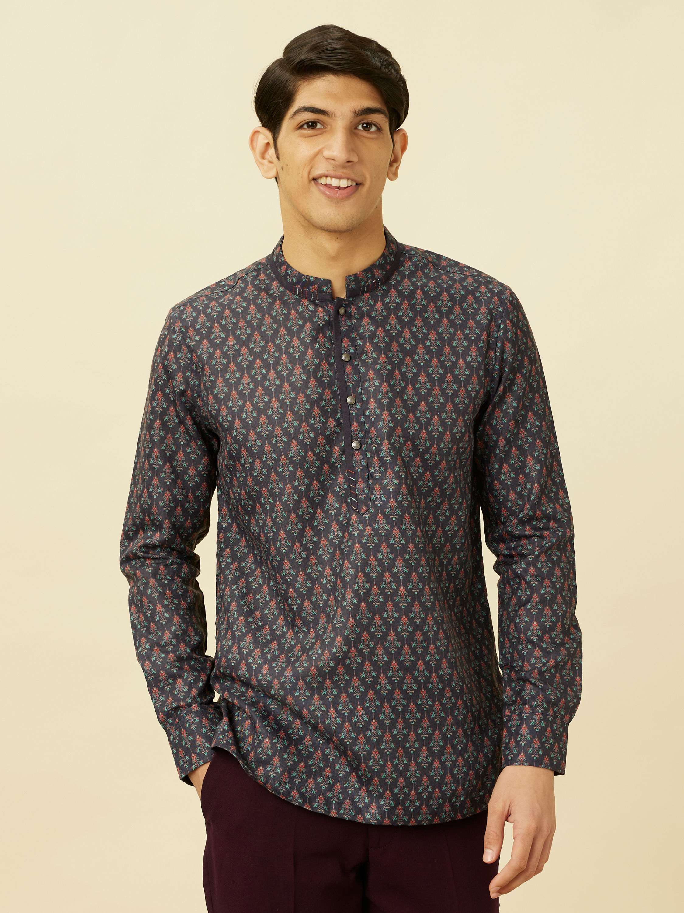 Manyavar Men Deep Blue Floral Buta Printed Short Kurta