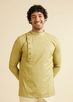 Manyavar Men Light Green Self Patterned Short Kurta