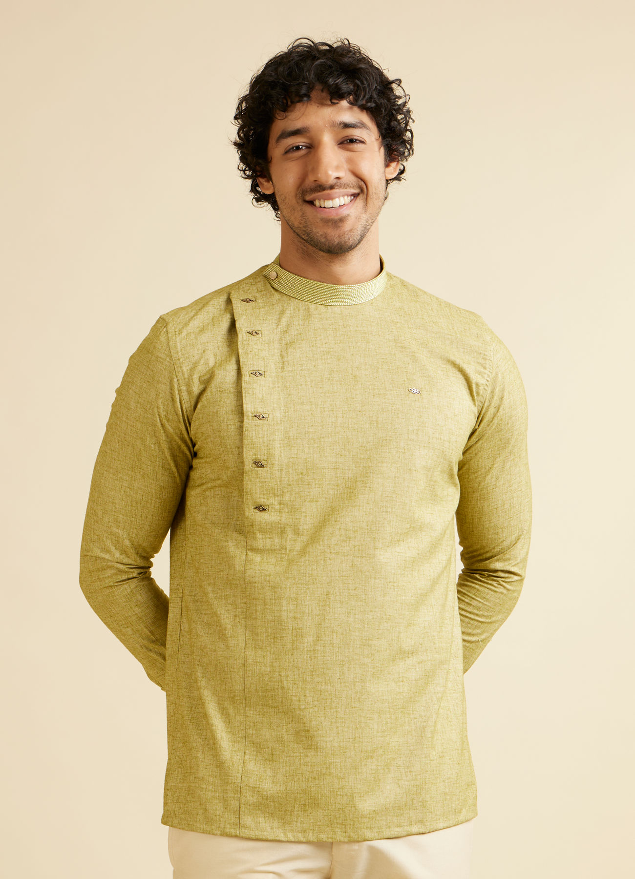 Manyavar Men Light Green Self Patterned Short Kurta