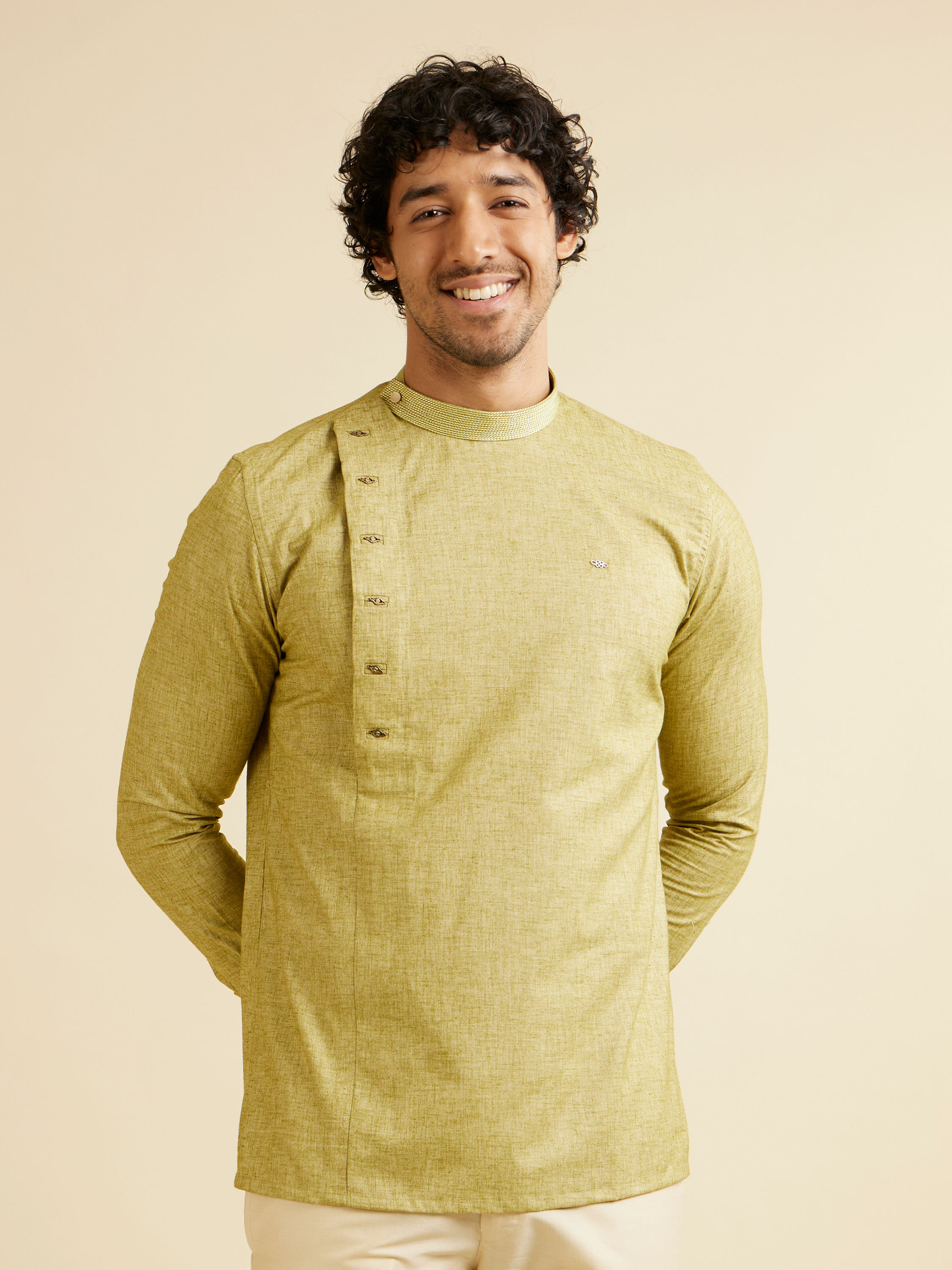 Manyavar Men Light Green Self Patterned Short Kurta