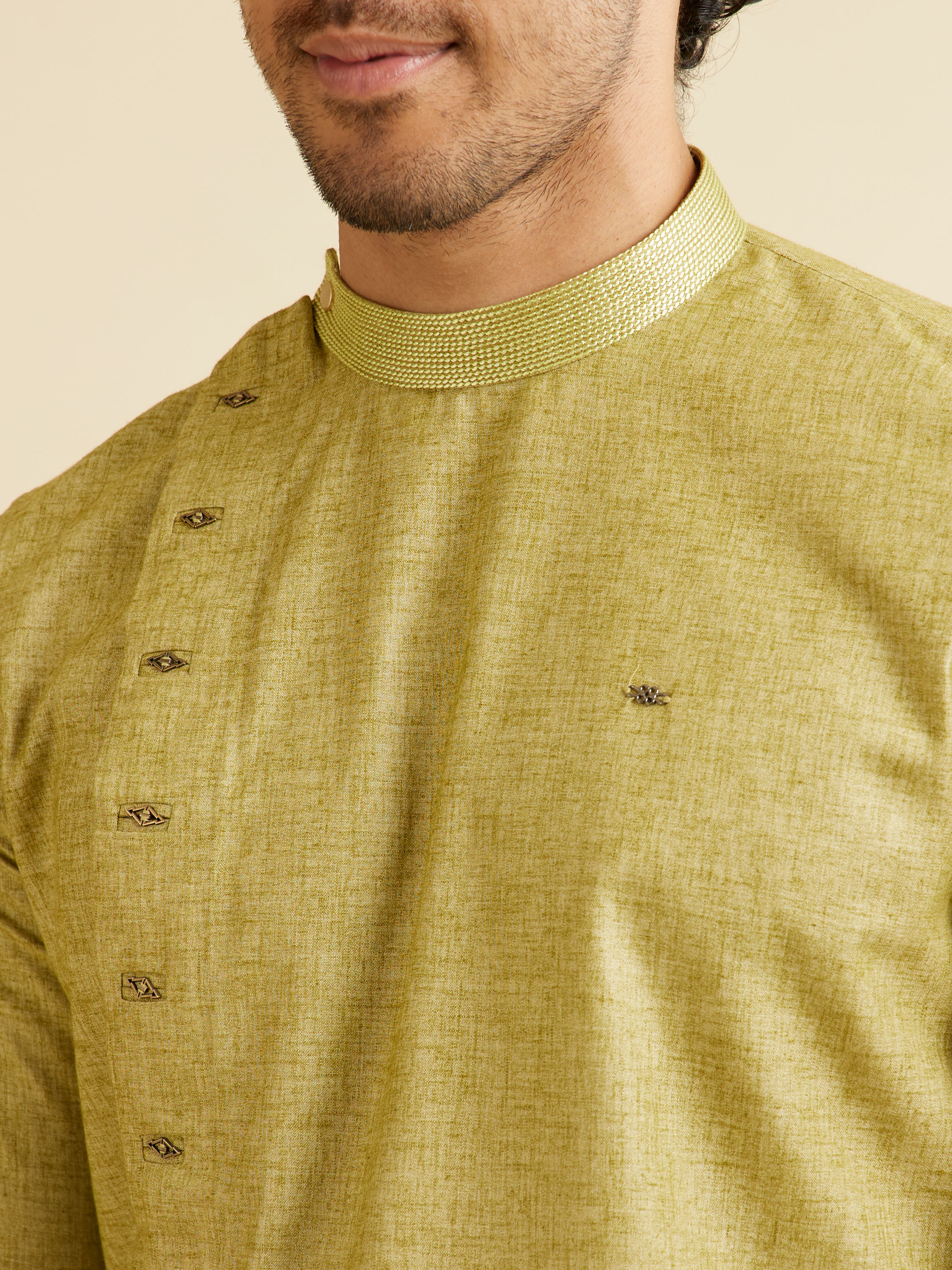 Manyavar Men Light Green Self Patterned Short Kurta