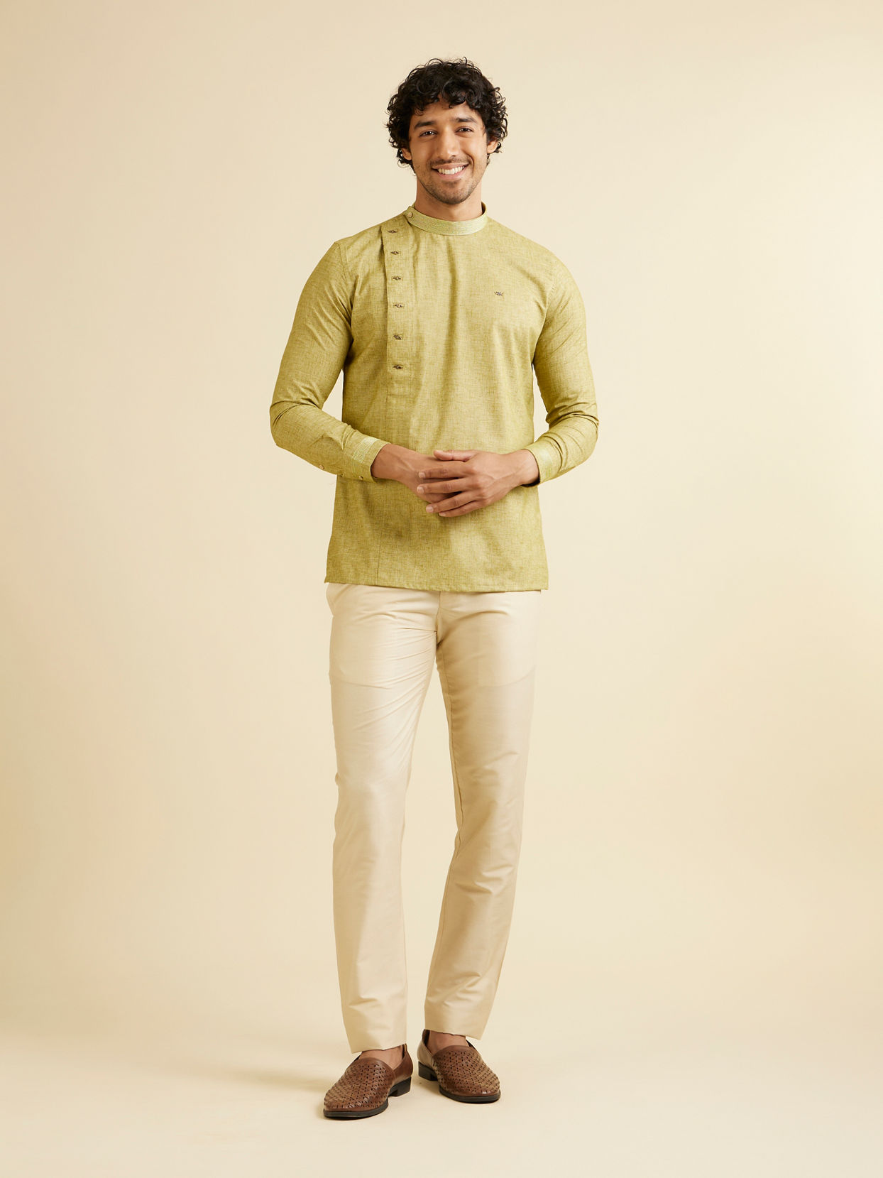 Manyavar Men Light Green Self Patterned Short Kurta