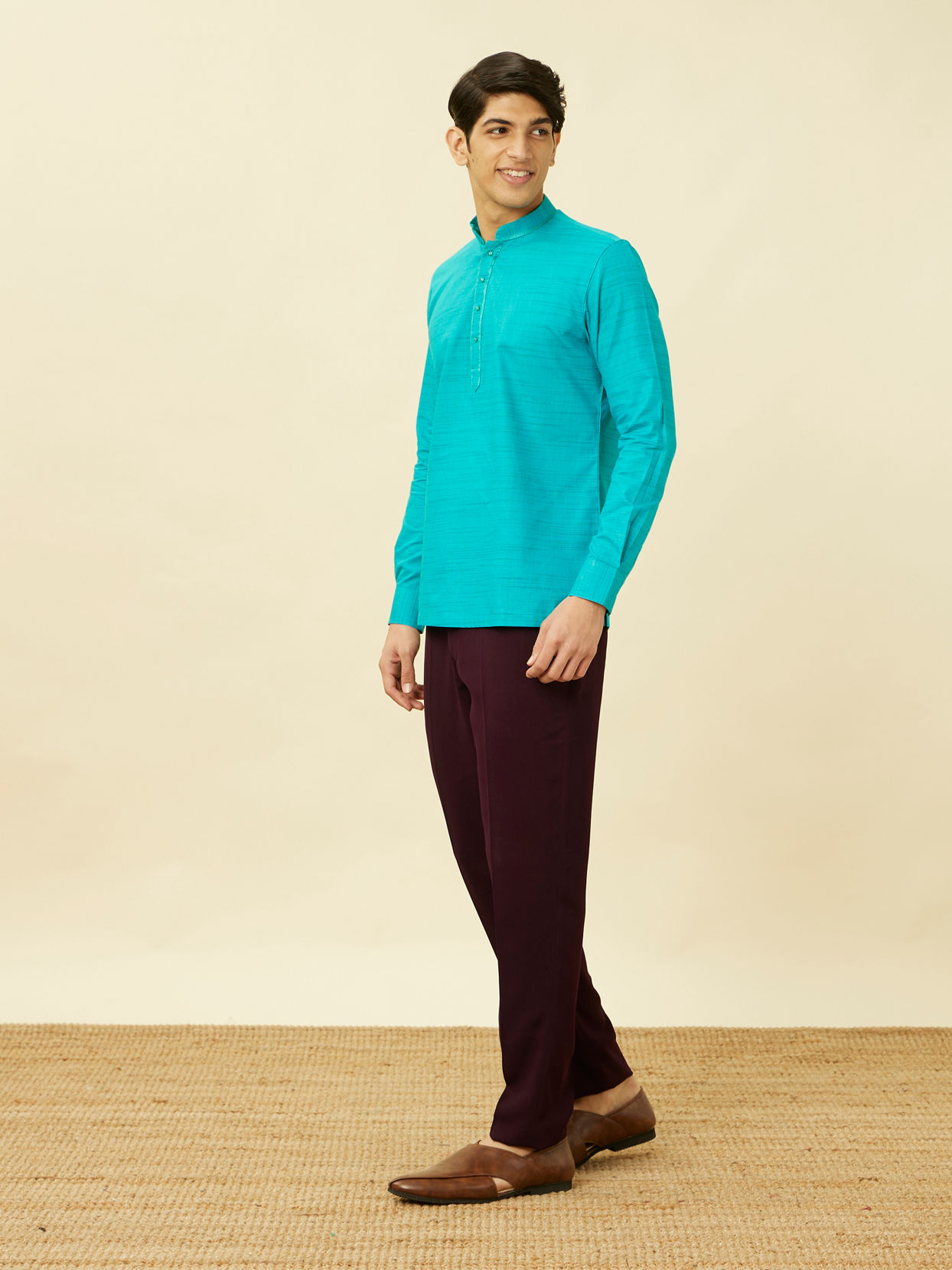 Manyavar Men Turquoise Blue Short Kurta