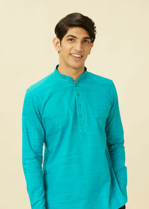 Manyavar Men Turquoise Blue Short Kurta