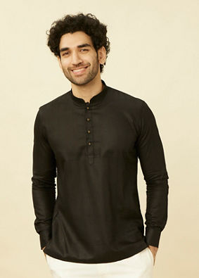 alt message - Manyavar Men Ebony Black Short Kurta image number 0