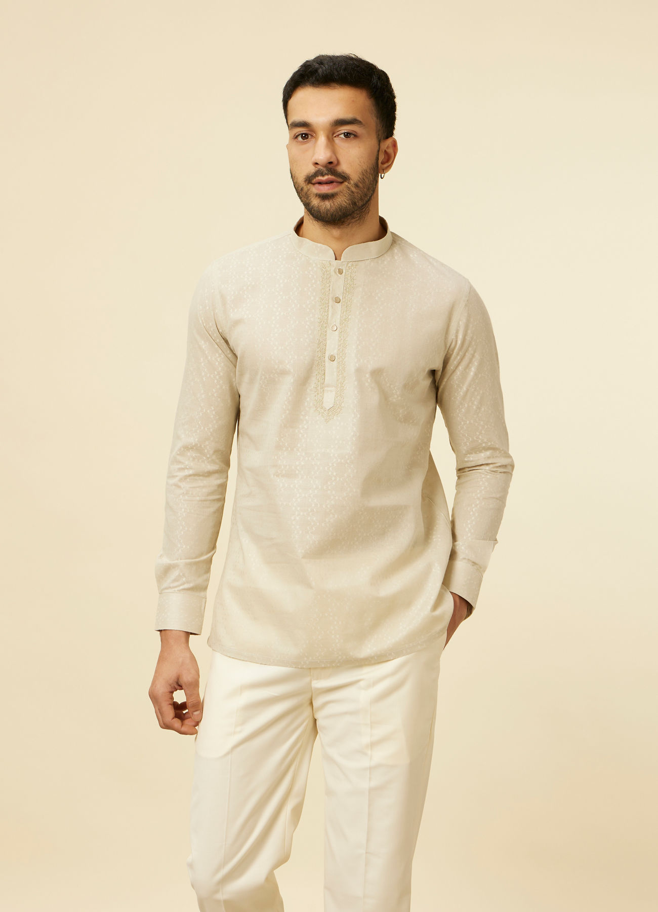 Manyavar Men Pista Green Diamond Patterned Short Kurta