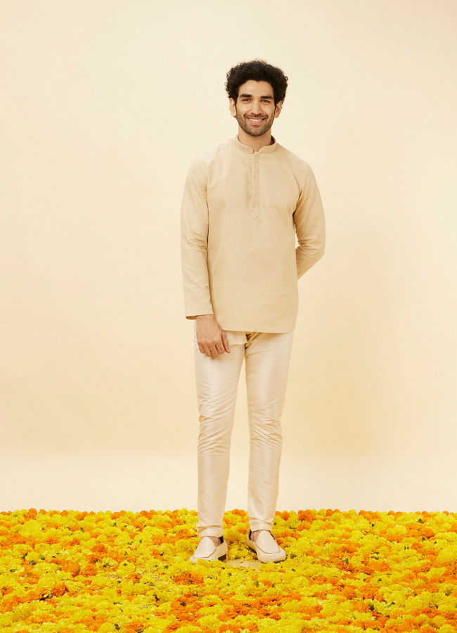 alt message - Manyavar Men Cream Beige Embroidered Placket Short Kurta image number 2