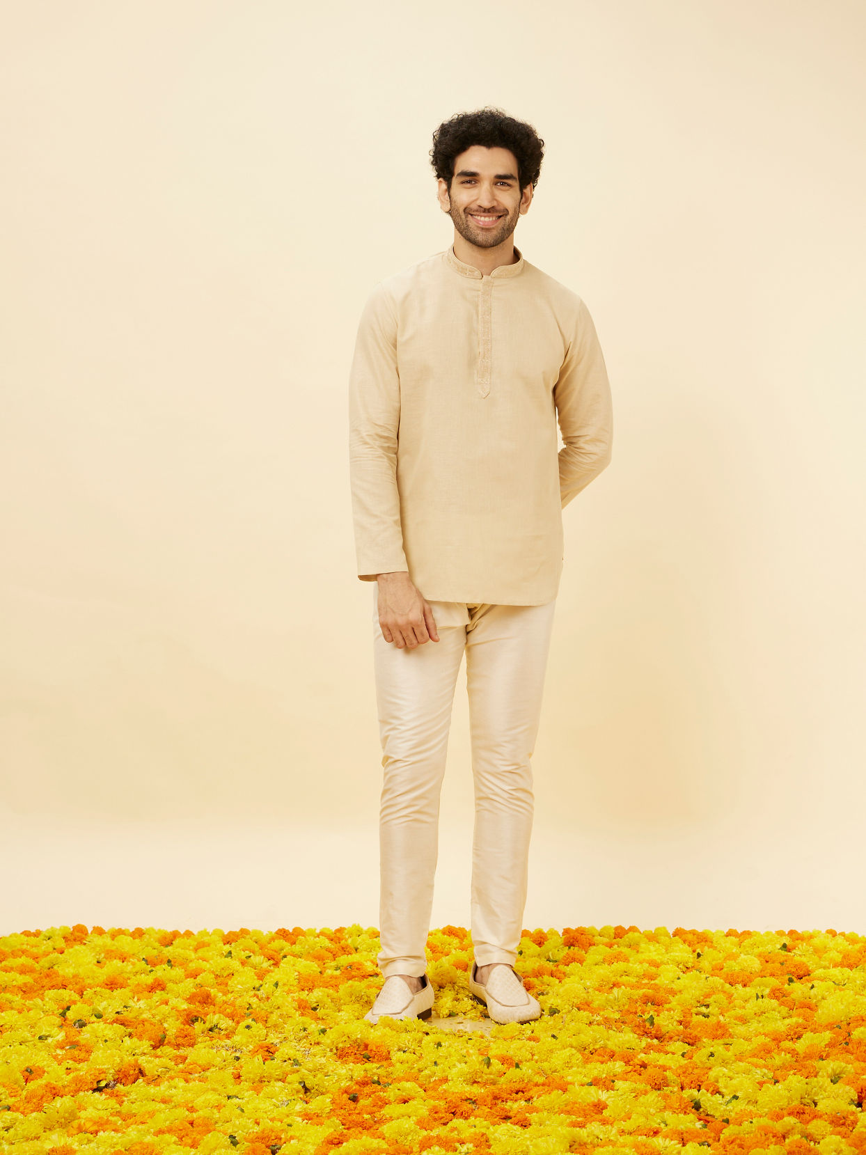 Manyavar Men Cream Beige Embroidered Placket Short Kurta