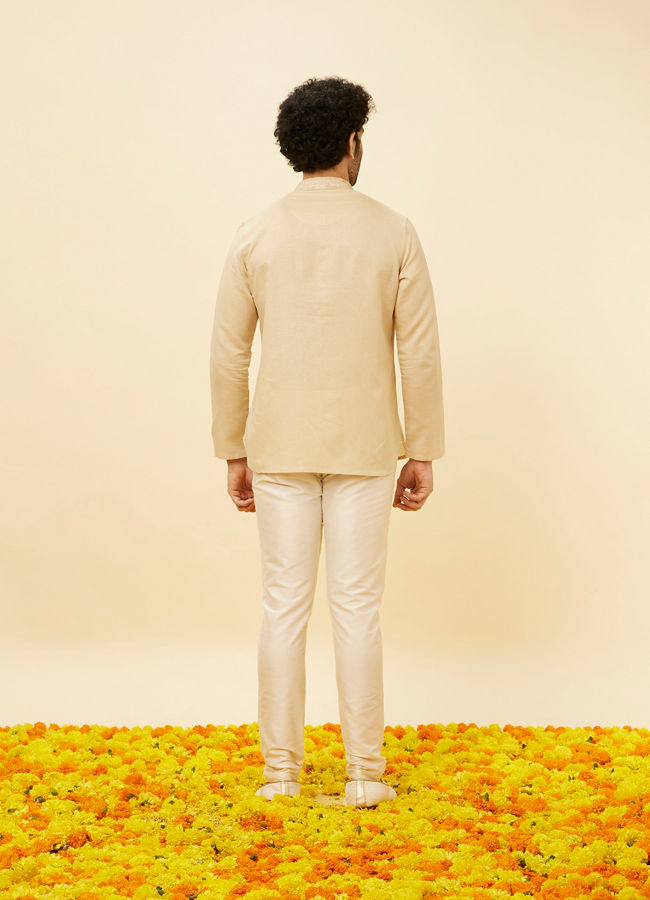 Manyavar Men Cream Beige Embroidered Placket Short Kurta