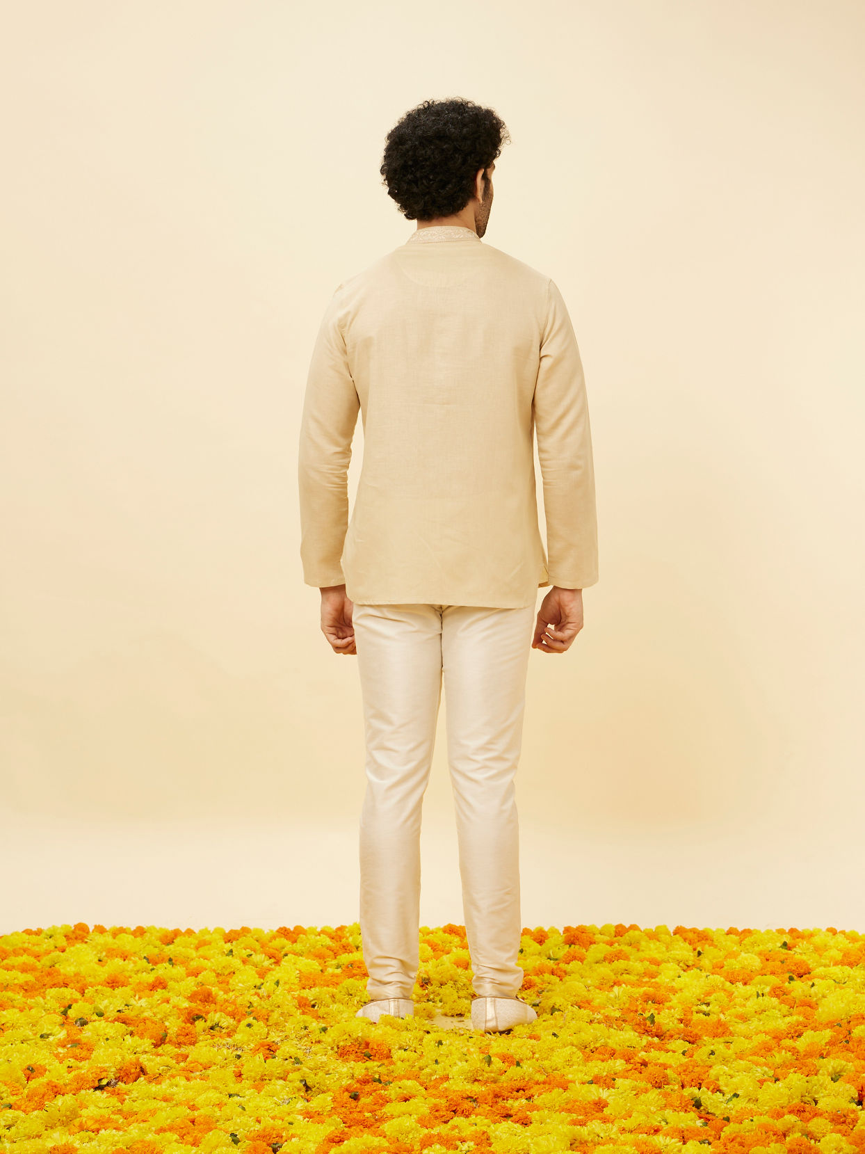 Manyavar Men Cream Beige Embroidered Placket Short Kurta