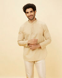 Manyavar Men Cream Beige Embroidered Placket Short Kurta