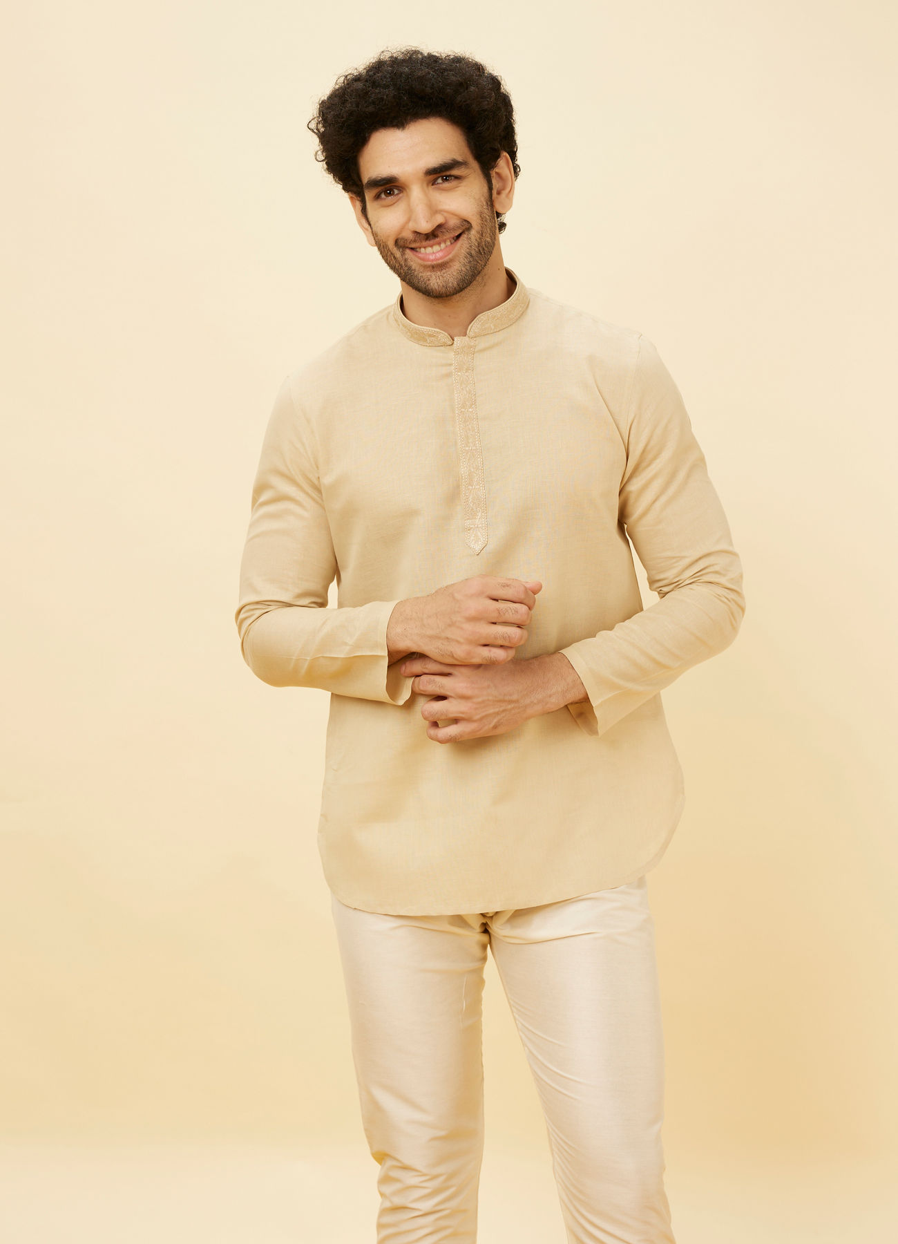 Manyavar Men Cream Beige Embroidered Placket Short Kurta