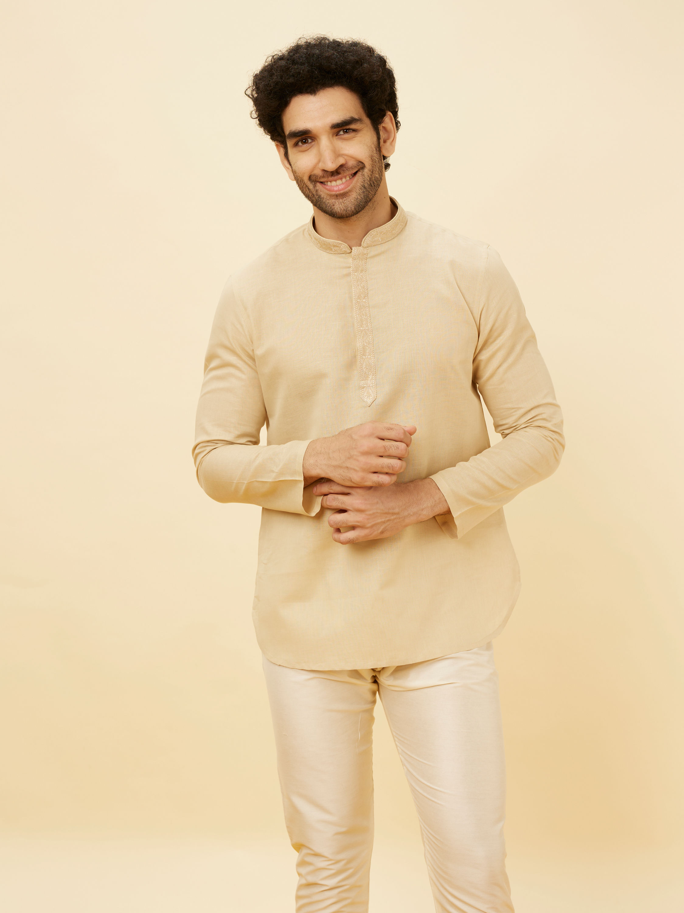Manyavar Men Cream Beige Embroidered Placket Short Kurta