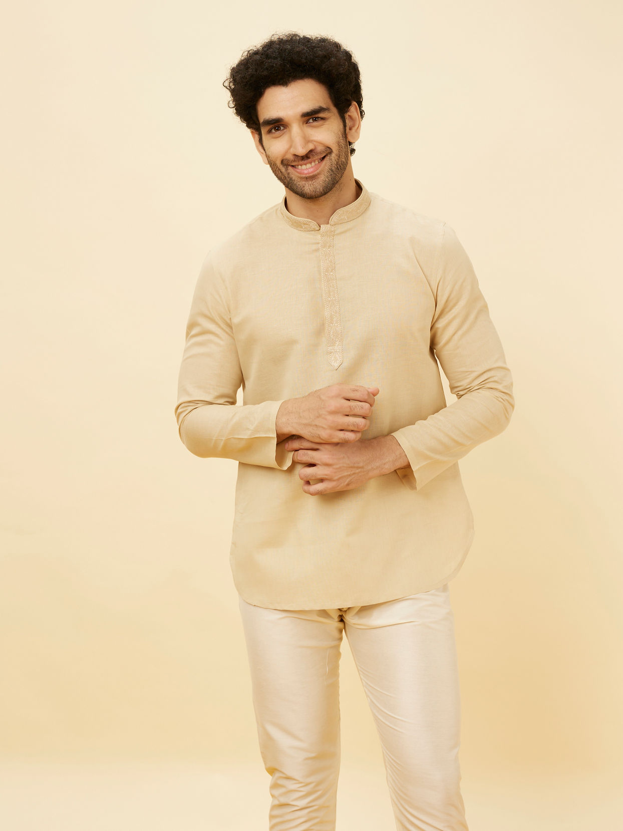 Manyavar Men Cream Beige Embroidered Placket Short Kurta