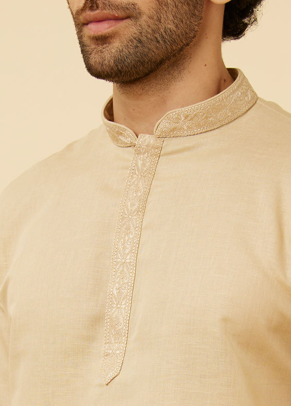 Manyavar Men Cream Beige Embroidered Placket Short Kurta