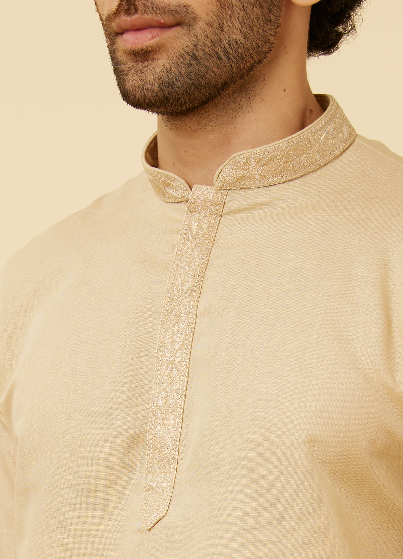 Manyavar Men Cream Beige Embroidered Placket Short Kurta
