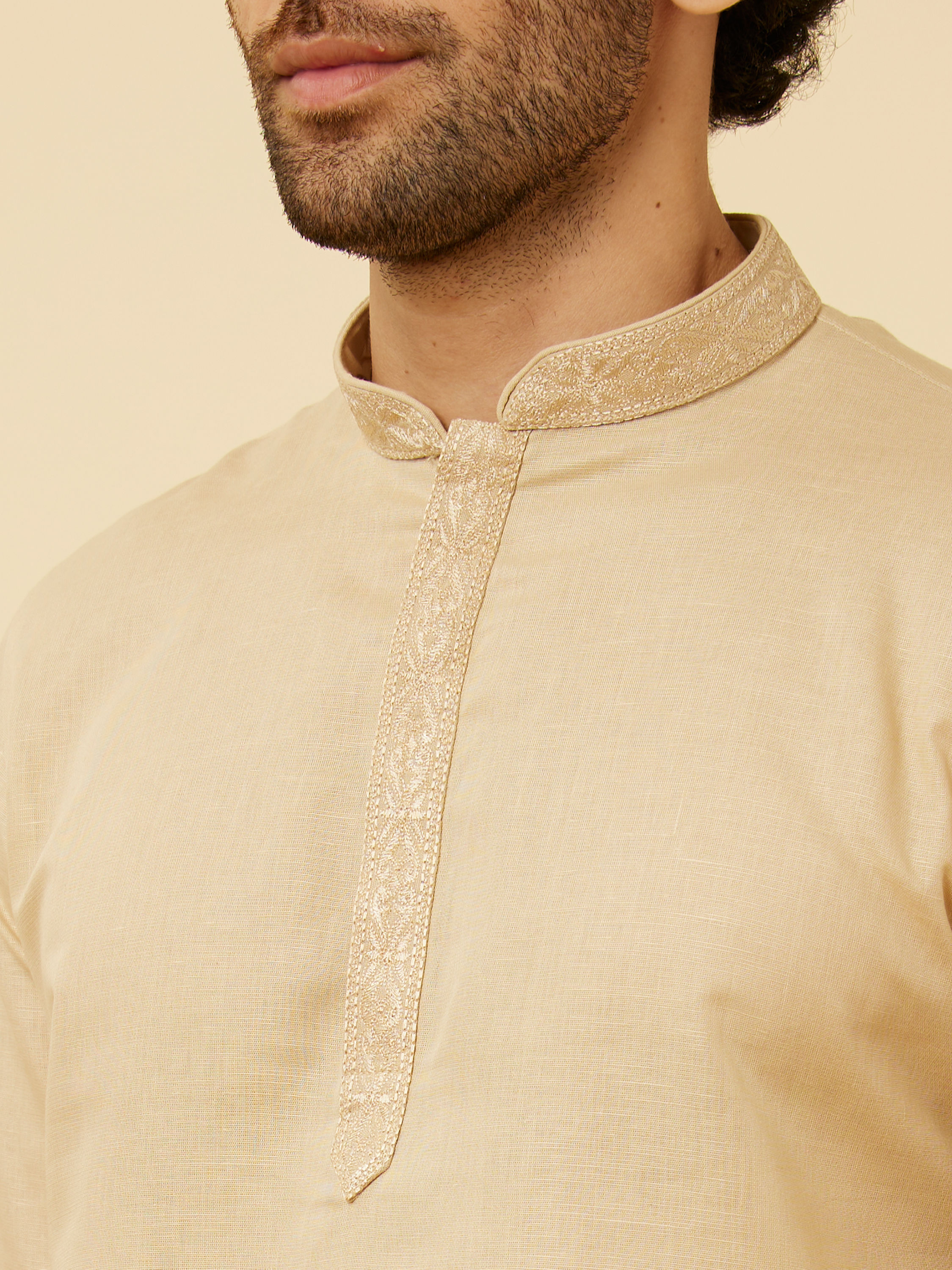 Manyavar Men Cream Beige Embroidered Placket Short Kurta