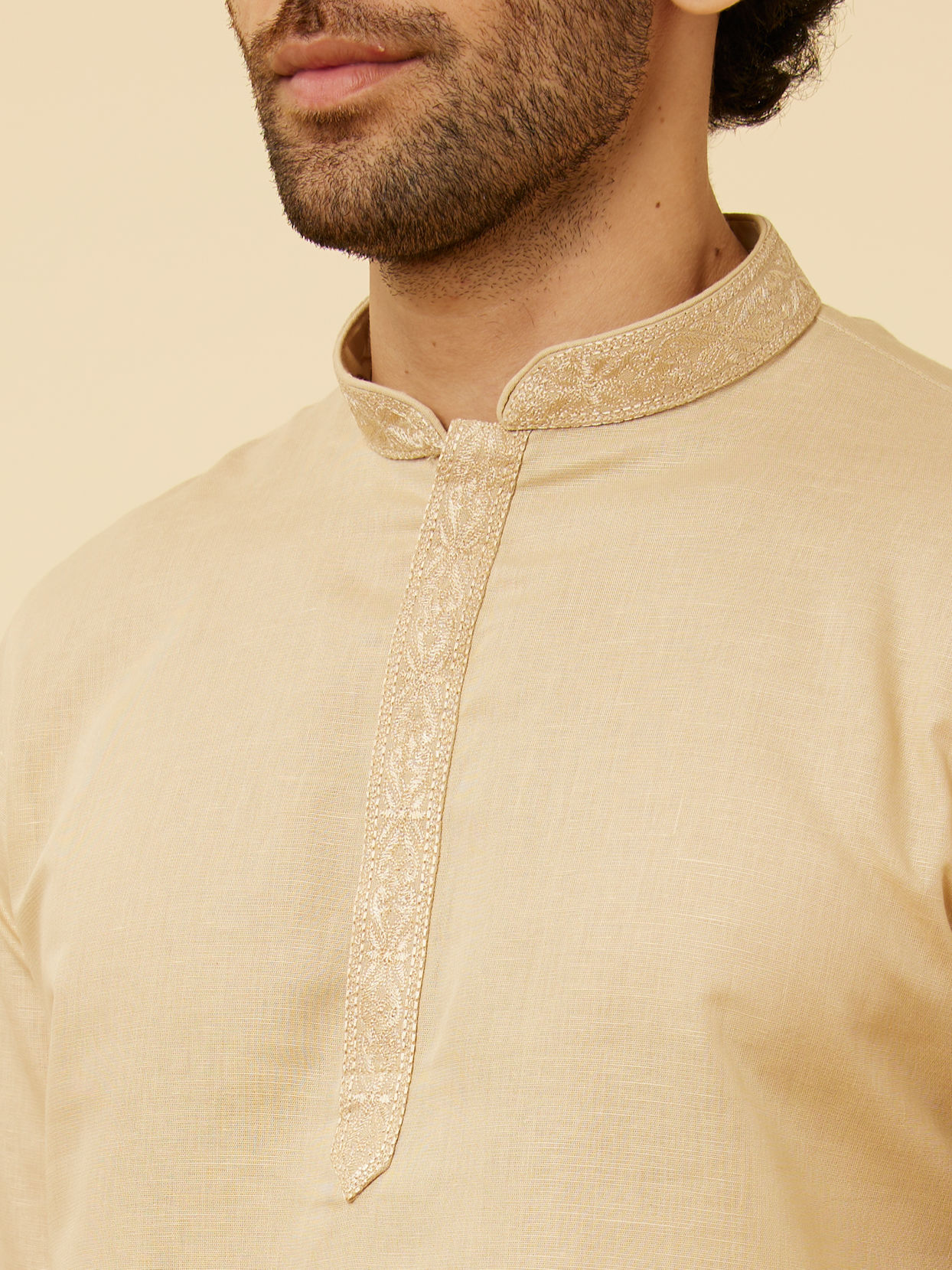 Manyavar Men Cream Beige Embroidered Placket Short Kurta