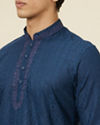Manyavar Men Sapphire Blue Embroidered Neckline Short Kurta