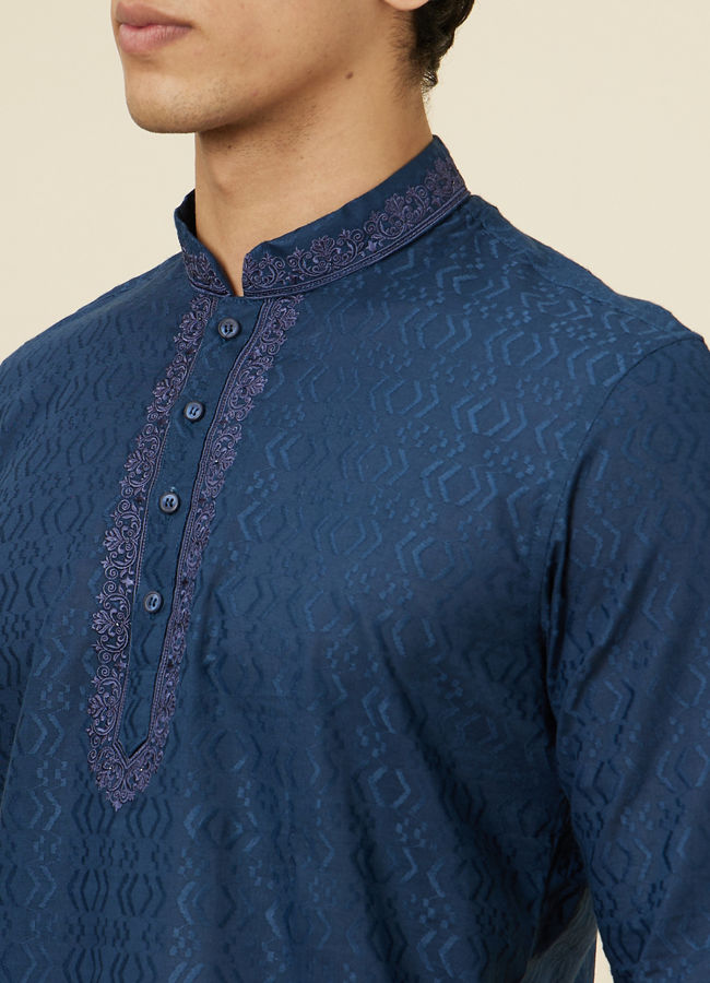 Manyavar Men Sapphire Blue Embroidered Neckline Short Kurta