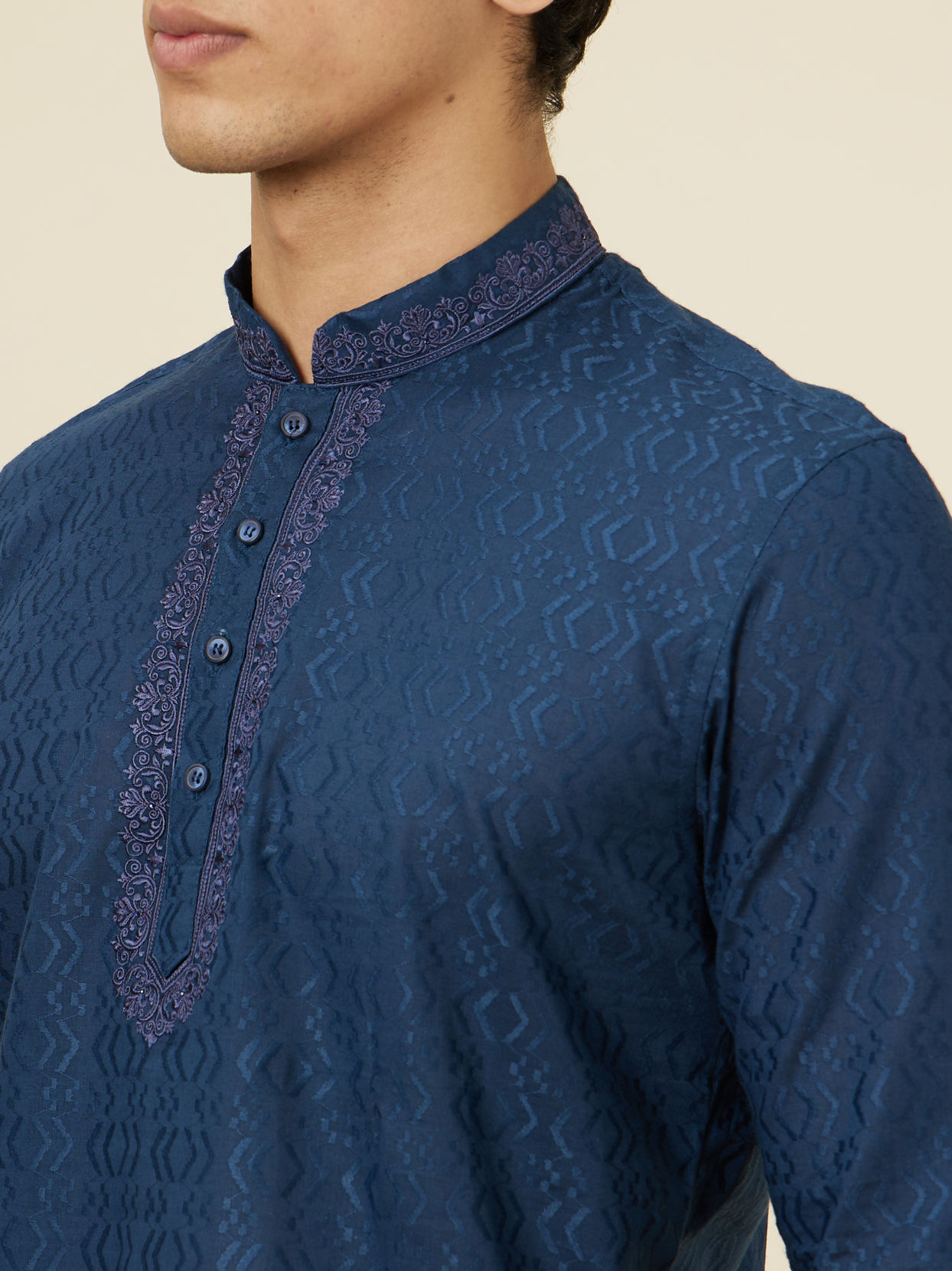 Manyavar Men Sapphire Blue Embroidered Neckline Short Kurta