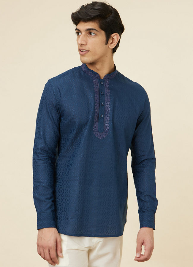 Manyavar Men Sapphire Blue Embroidered Neckline Short Kurta