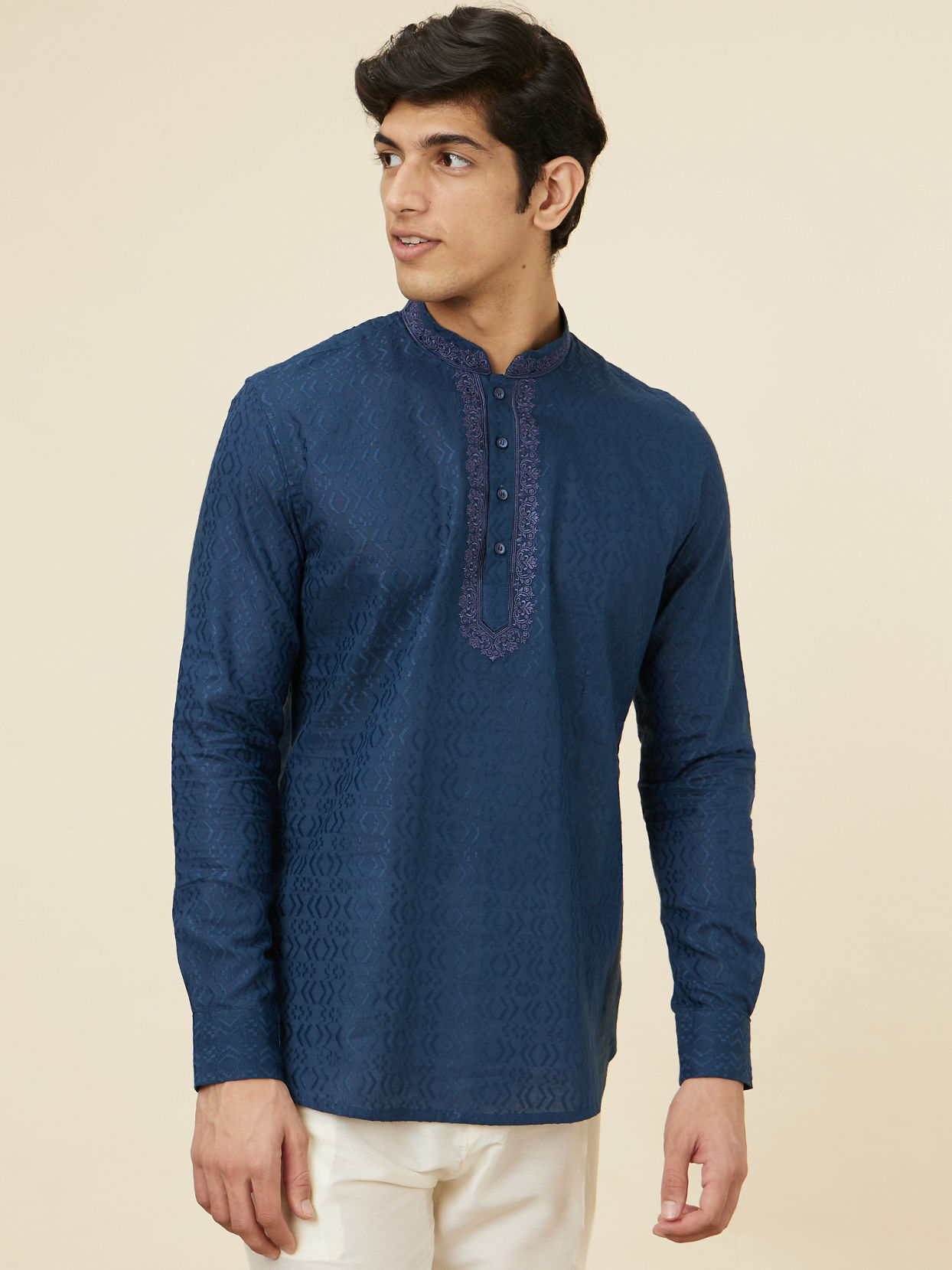 Manyavar Men Sapphire Blue Embroidered Neckline Short Kurta
