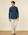 Manyavar Men Sapphire Blue Embroidered Neckline Short Kurta